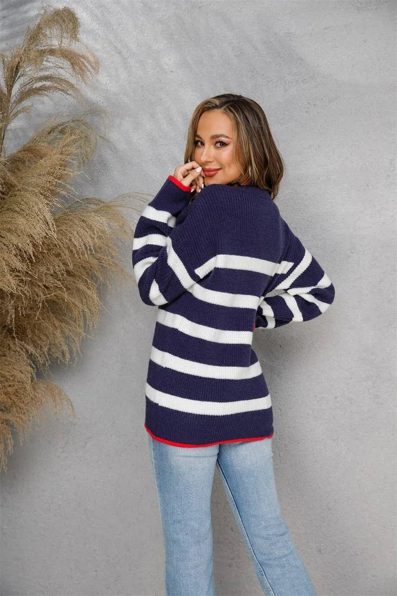 CWOSWL1709_Crew Neck Long Sleeve Striped Pullover Sweater: NAVY / (XL) 1