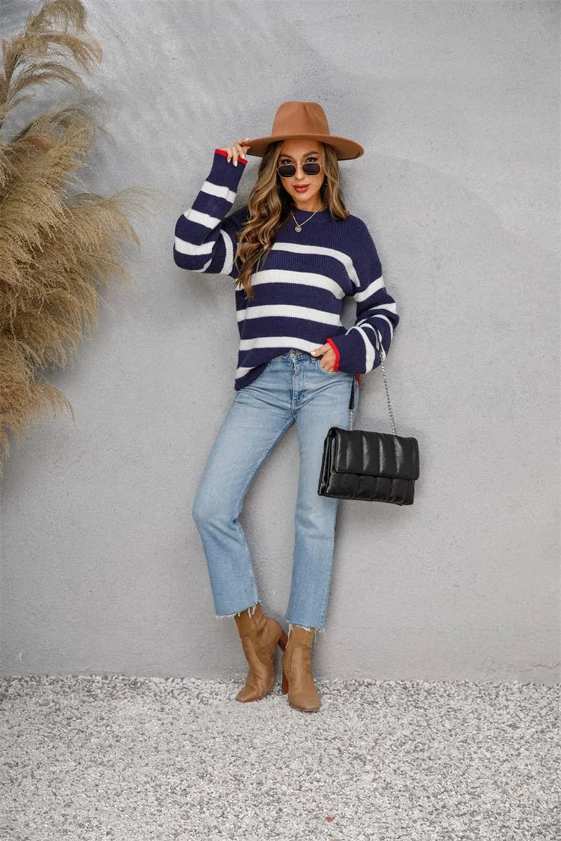 CWOSWL1709_Crew Neck Long Sleeve Striped Pullover Sweater: NAVY / (XL) 1