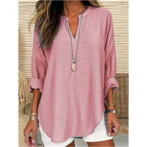 CWTBLL0260_Blouse Linen Long Sleeve Casual V Neck Top: Pink / (L) 1