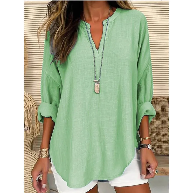 CWTBLL0260_Blouse Linen Long Sleeve Casual V Neck Top: White / (L) 1