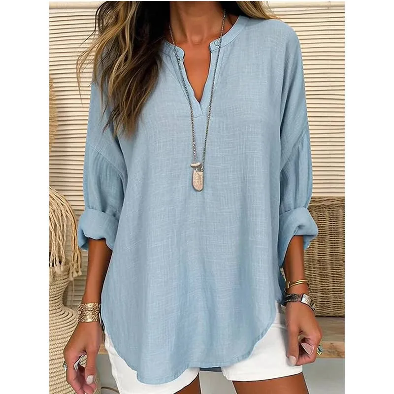 CWTBLL0260_Blouse Linen Long Sleeve Casual V Neck Top: White / (L) 1