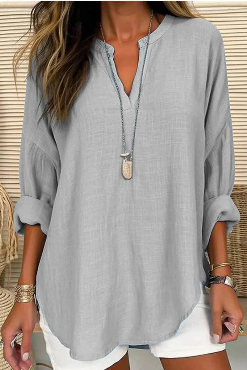 CWTBLL0260_Blouse Linen Long Sleeve Casual V Neck Top: White / (L) 1