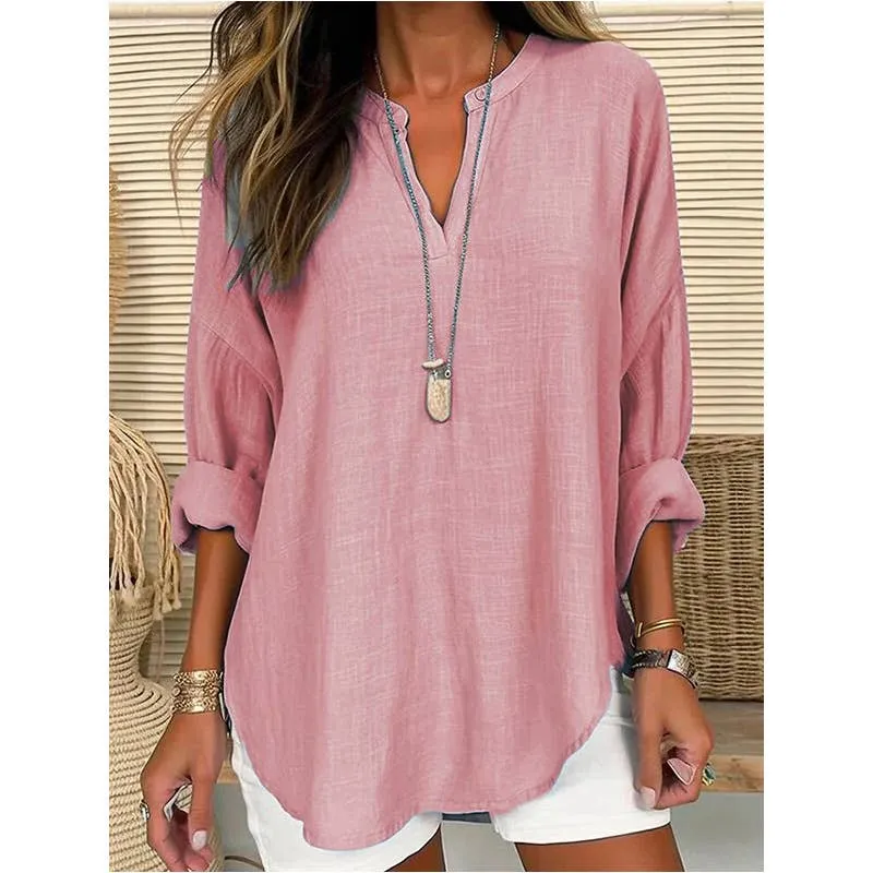 CWTBLL0260_Blouse Linen Long Sleeve Casual V Neck Top: White / (L) 1
