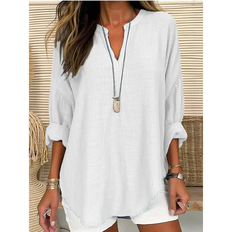 CWTBLL0260_Blouse Linen Long Sleeve Casual V Neck Top: White / (L) 1