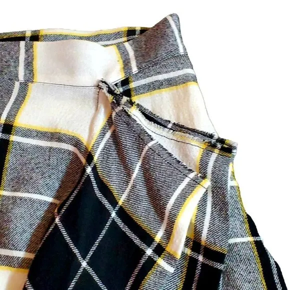 Dark Academia Draped Plaid A-Line Skirt Black White Yellow Mini Skirt