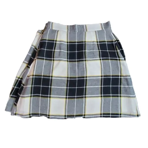 Dark Academia Draped Plaid A-Line Skirt Black White Yellow Mini Skirt
