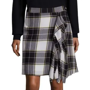 Dark Academia Draped Plaid A-Line Skirt Black White Yellow Mini Skirt