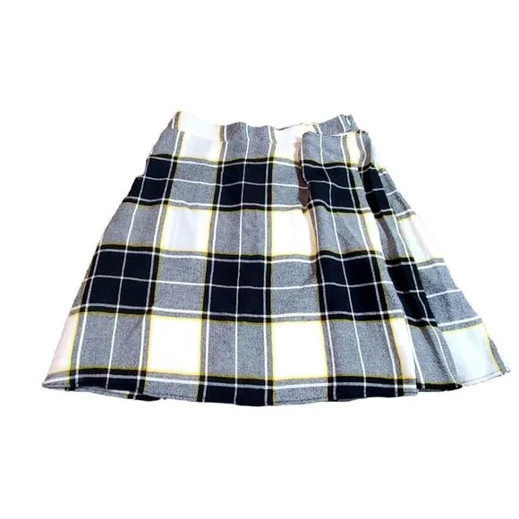 Dark Academia Draped Plaid A-Line Skirt Black White Yellow Mini Skirt