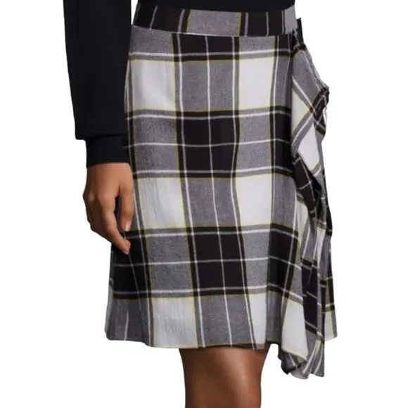 Dark Academia Draped Plaid A-Line Skirt Black White Yellow Mini Skirt