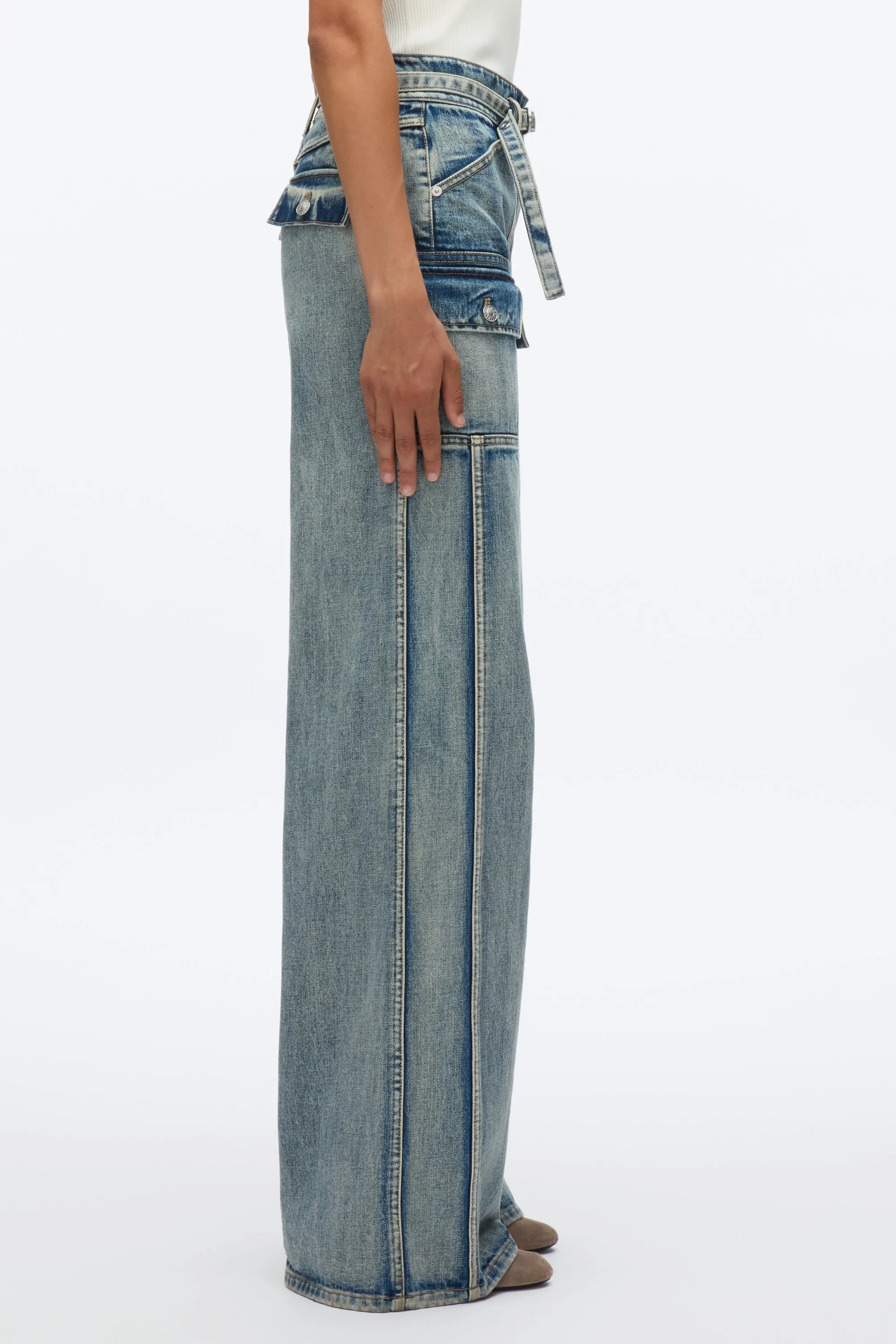 Denim Cargo Wide Leg Belted Jeans