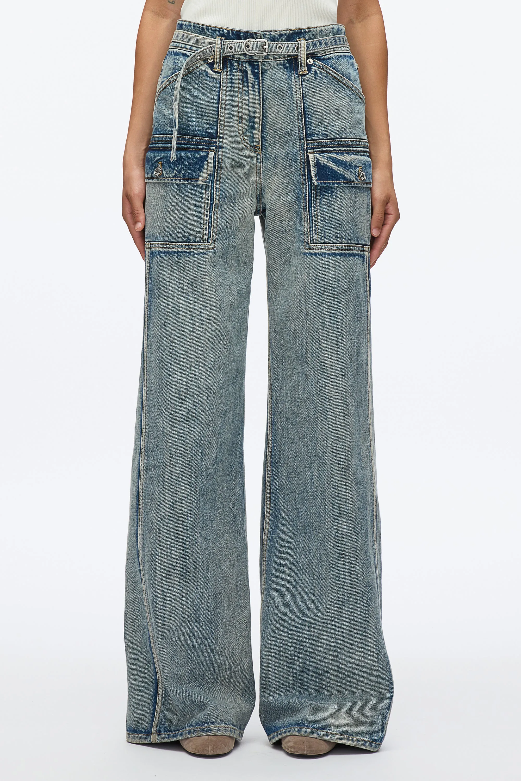 Denim Cargo Wide Leg Belted Jeans