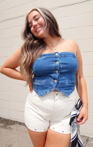 Denim Strapless Button-Up Crop