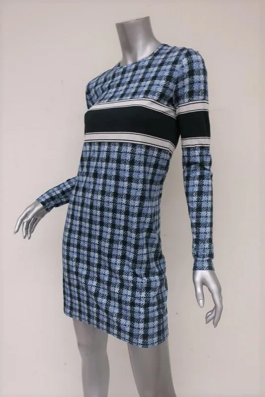 Derek Lam Dress Blue Striped Plaid Cotton Jersey Size 4 Long Sleeve Mini