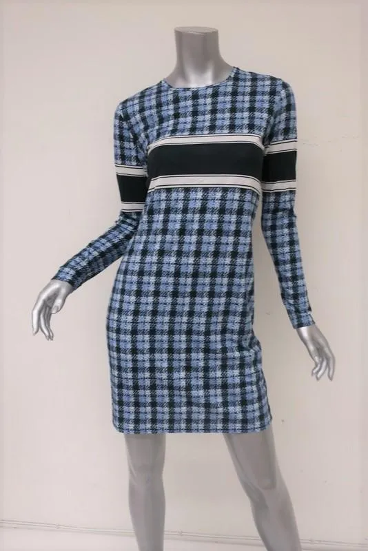 Derek Lam Dress Blue Striped Plaid Cotton Jersey Size 4 Long Sleeve Mini