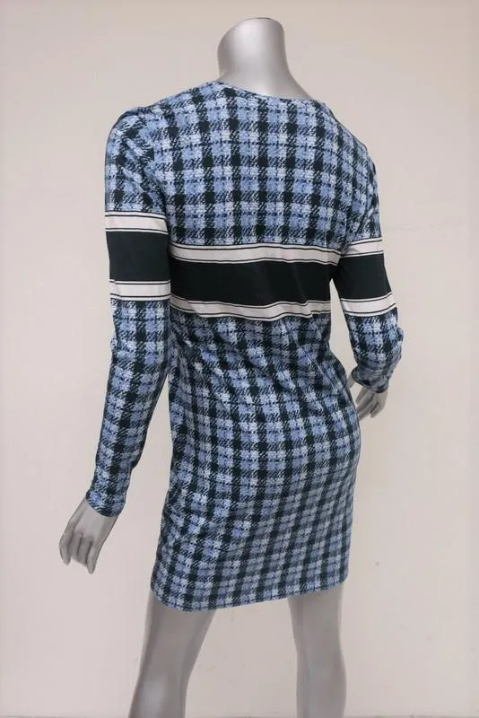 Derek Lam Dress Blue Striped Plaid Cotton Jersey Size 4 Long Sleeve Mini