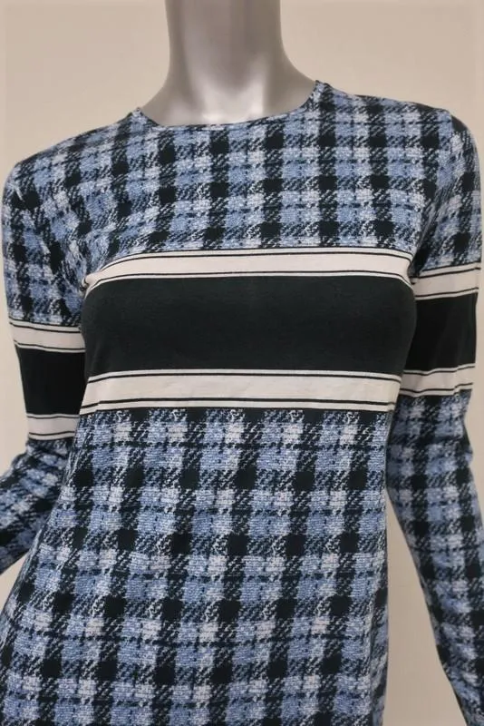 Derek Lam Dress Blue Striped Plaid Cotton Jersey Size 4 Long Sleeve Mini