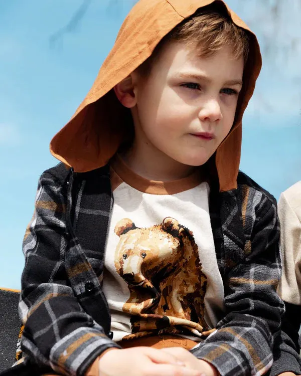 deux par deux Boys Button Down Flannel Shirt With Hood - Plaid Black And Caramel