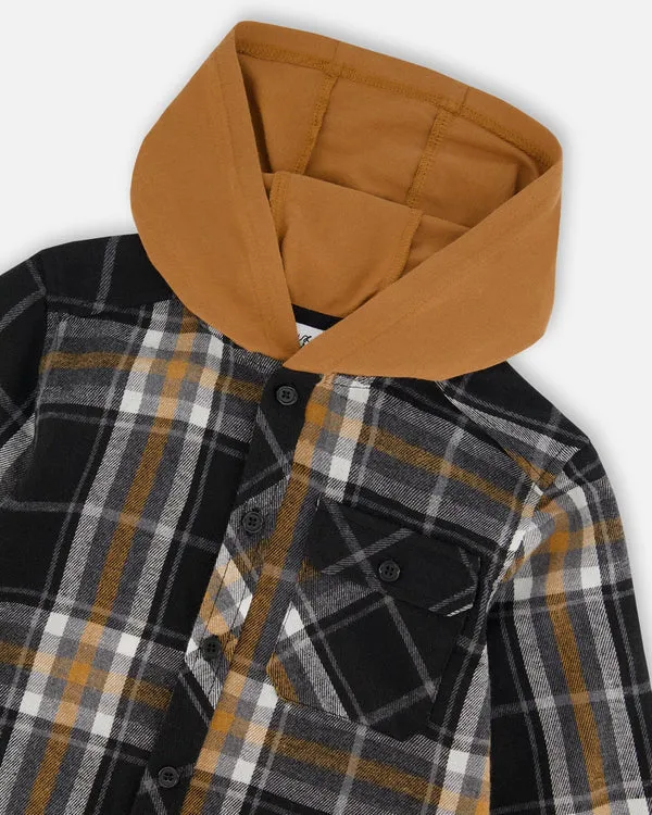 deux par deux Boys Button Down Flannel Shirt With Hood - Plaid Black And Caramel