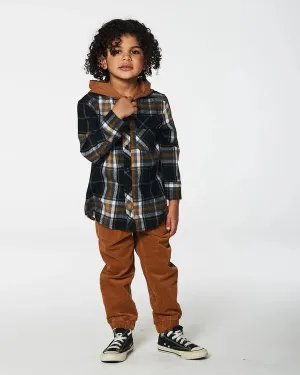 deux par deux Boys Button Down Flannel Shirt With Hood - Plaid Black And Caramel