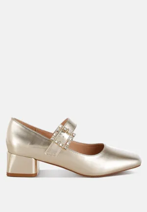 Diamante Brooch Metallic Mary Jane Pumps
 By RAG