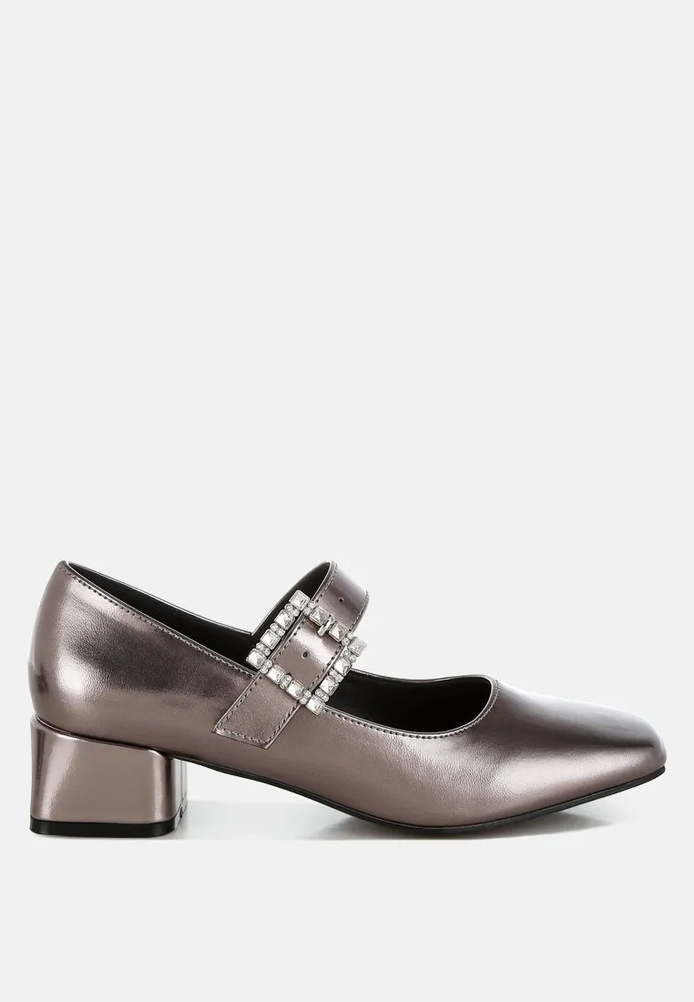 Diamante Brooch Metallic Mary Jane Pumps
 By RAG