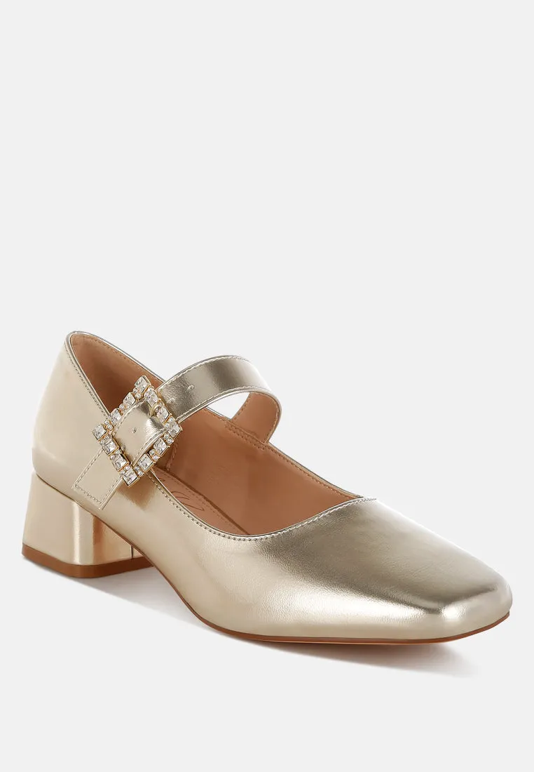 Diamante Brooch Metallic Mary Jane Pumps
 By RAG