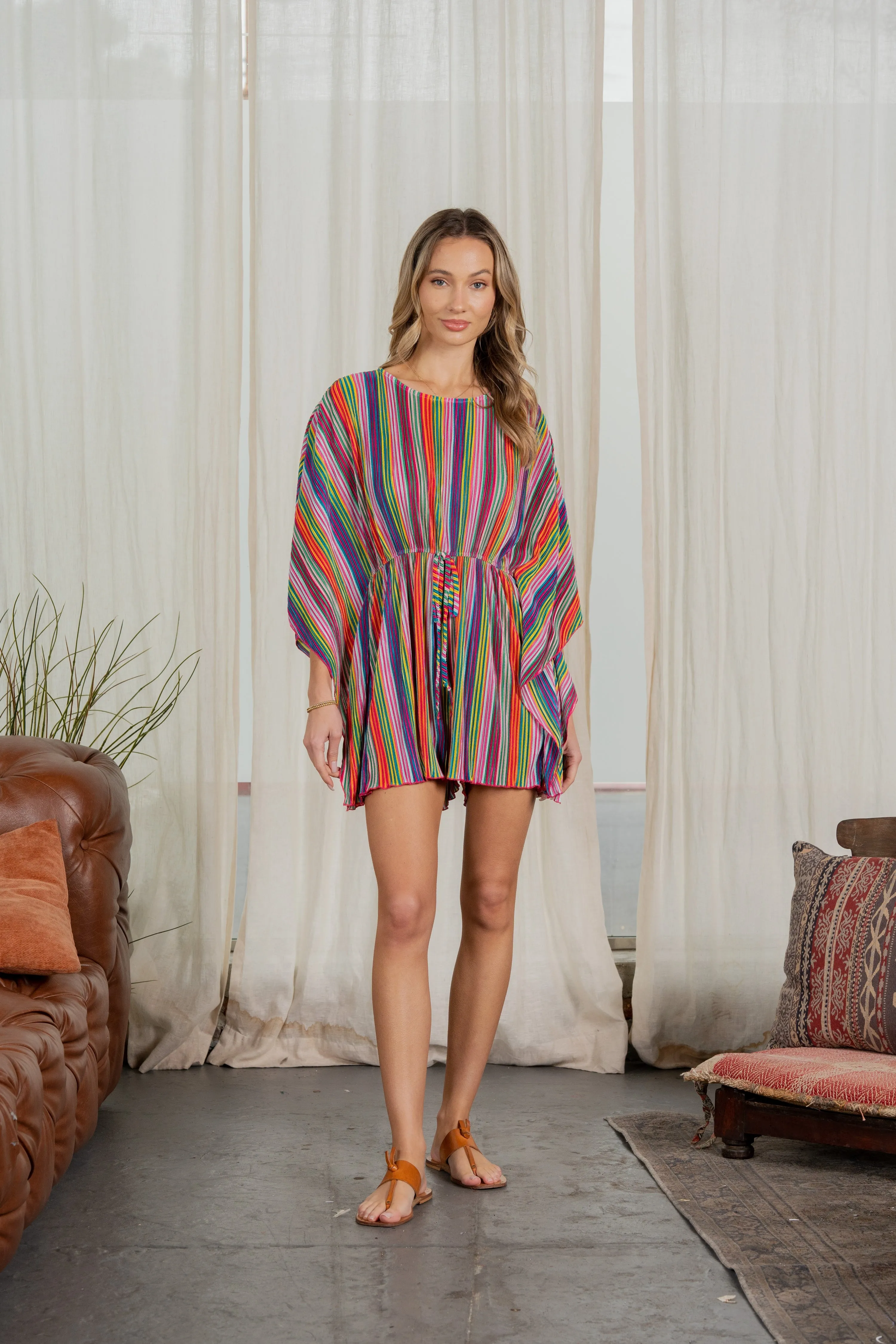 DOORBUSTER: Striped Plisse Tied-Waist Romper - Multi by Sew In Love (Ships in 2-3 Weeks)