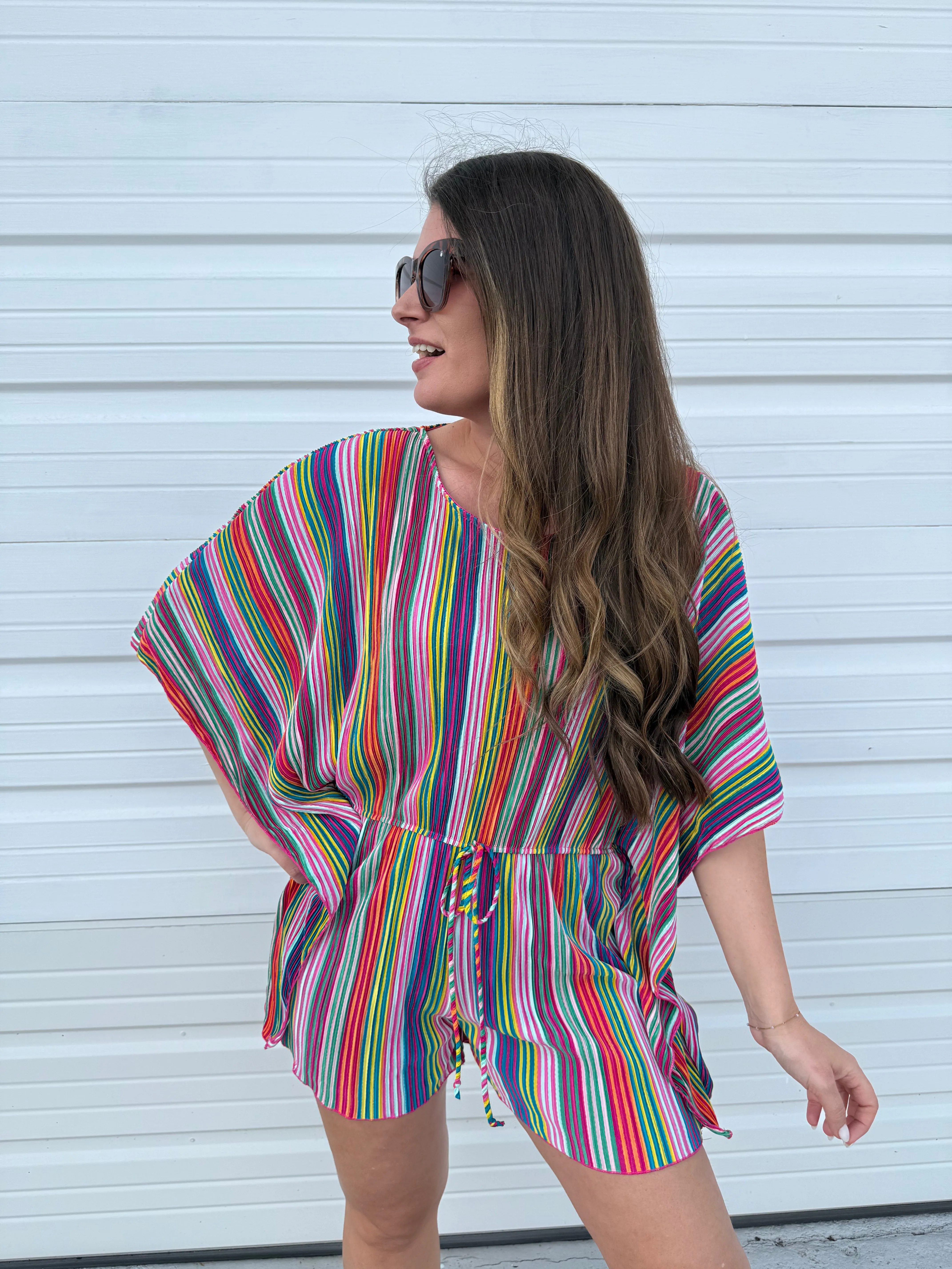 DOORBUSTER: Striped Plisse Tied-Waist Romper - Multi by Sew In Love (Ships in 2-3 Weeks)