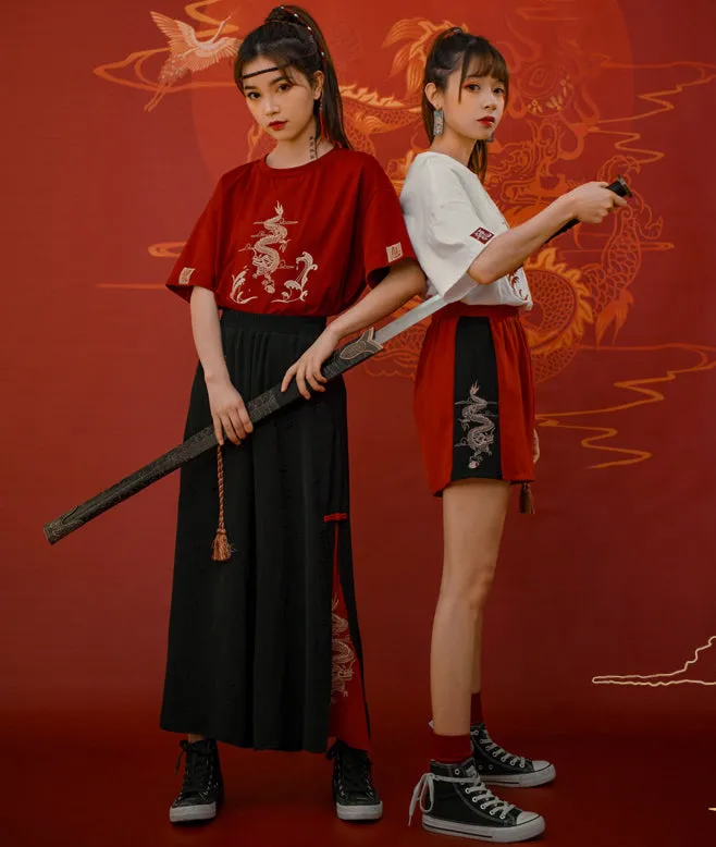 Dragon Embroidery T-shirt Shorts Two-piece Set UB6313