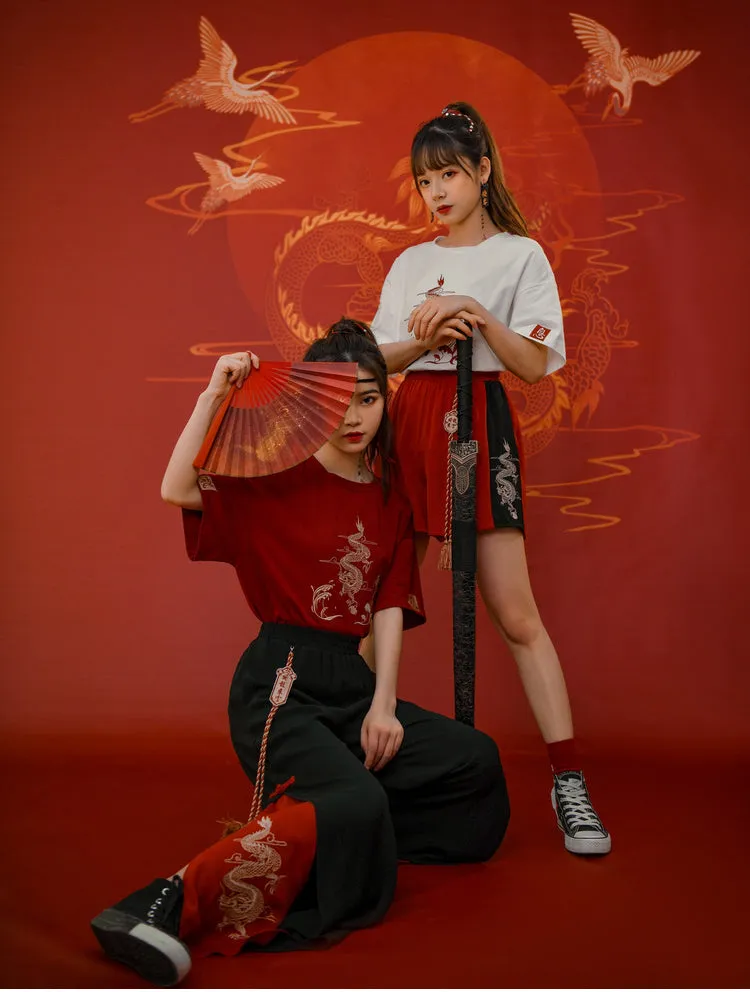 Dragon Embroidery T-shirt Shorts Two-piece Set UB6313