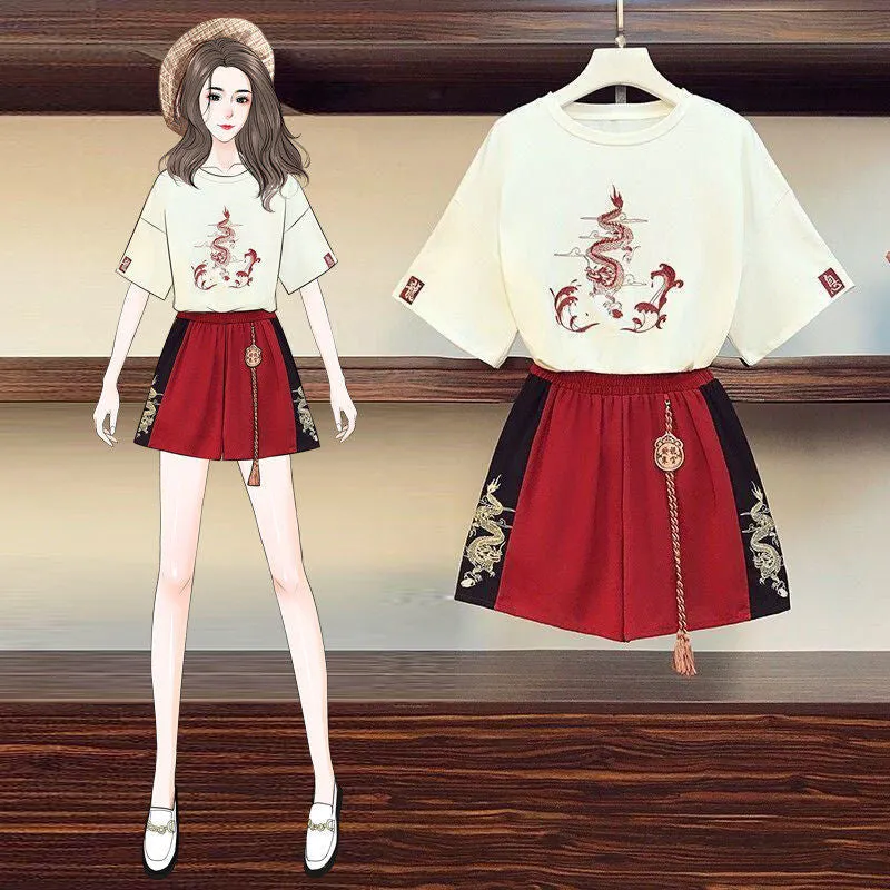Dragon Embroidery T-shirt Shorts Two-piece Set UB6313