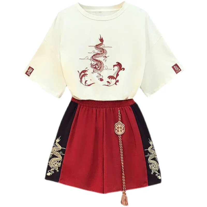 Dragon Embroidery T-shirt Shorts Two-piece Set UB6313