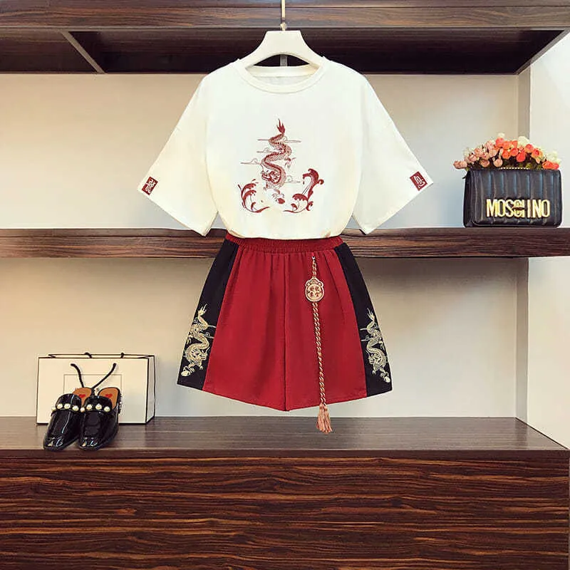 Dragon Embroidery T-shirt Shorts Two-piece Set UB6313