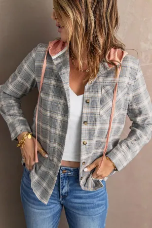Drawstring Plaid Hooded Shirt Coat