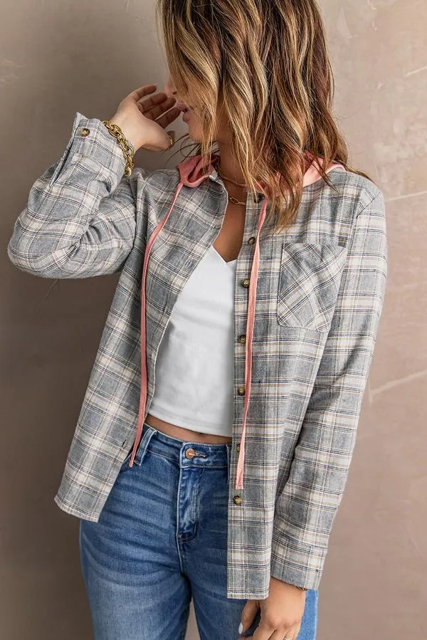 Drawstring Plaid Hooded Shirt Coat