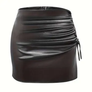 Drawstring Strap Faux Leather Mini Skirt