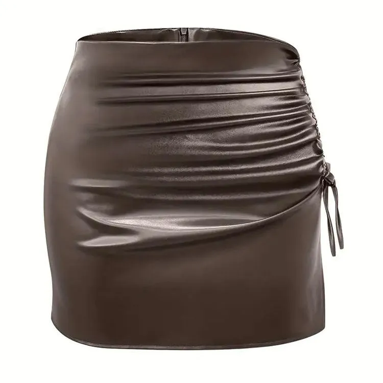 Drawstring Strap Faux Leather Mini Skirt