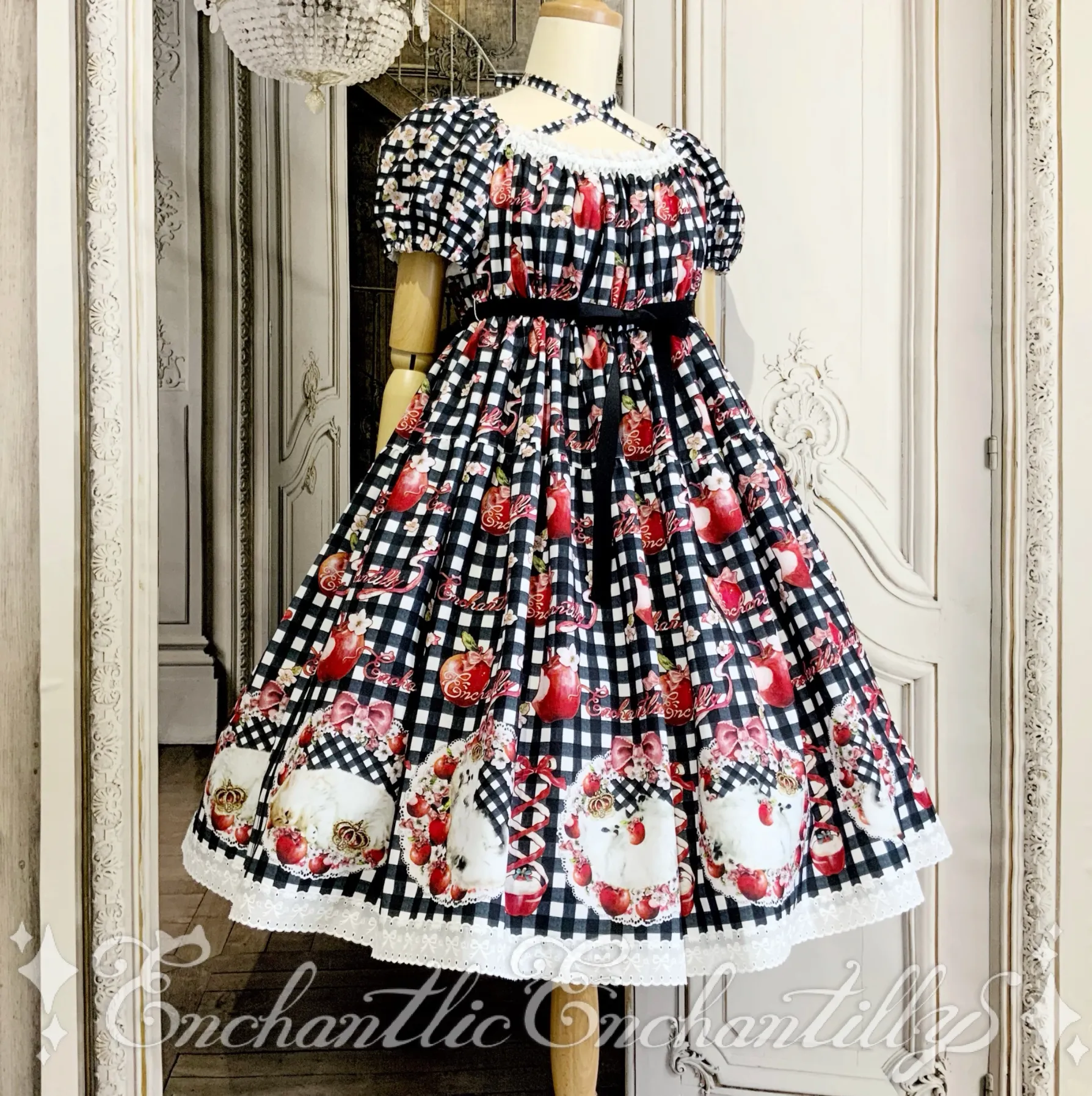 Dreaming Cat and Apple Gingham Check Dress