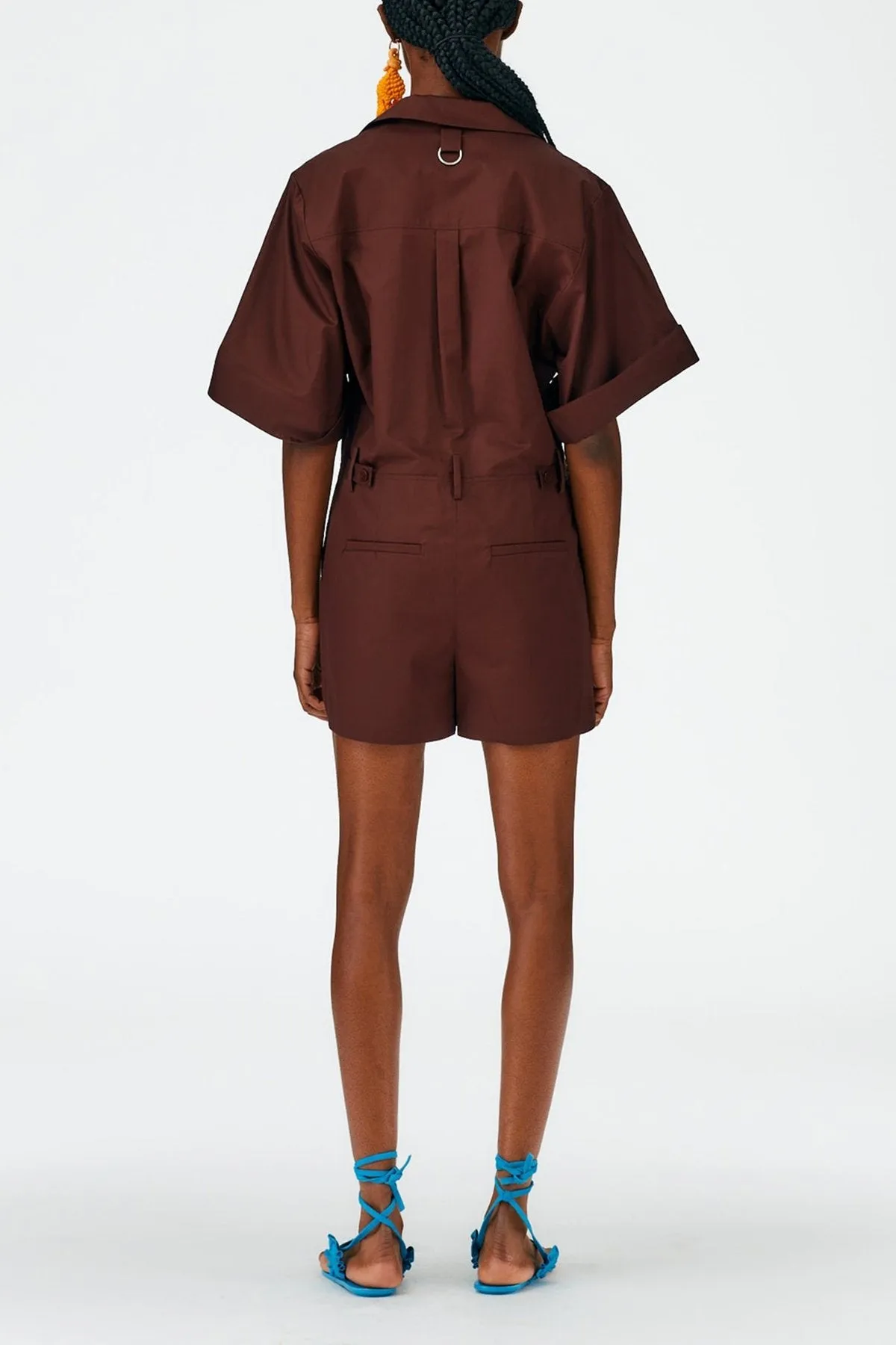 Eco Poplin Short Jumpsuit in Brown