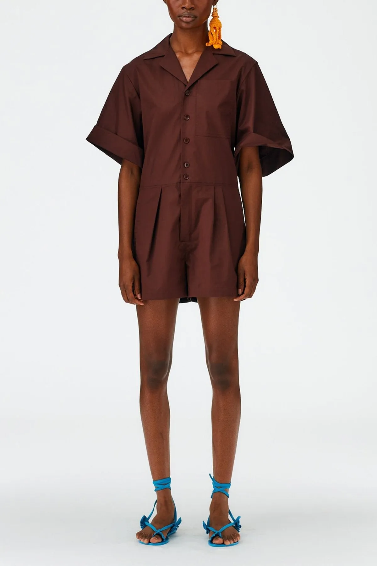 Eco Poplin Short Jumpsuit in Brown