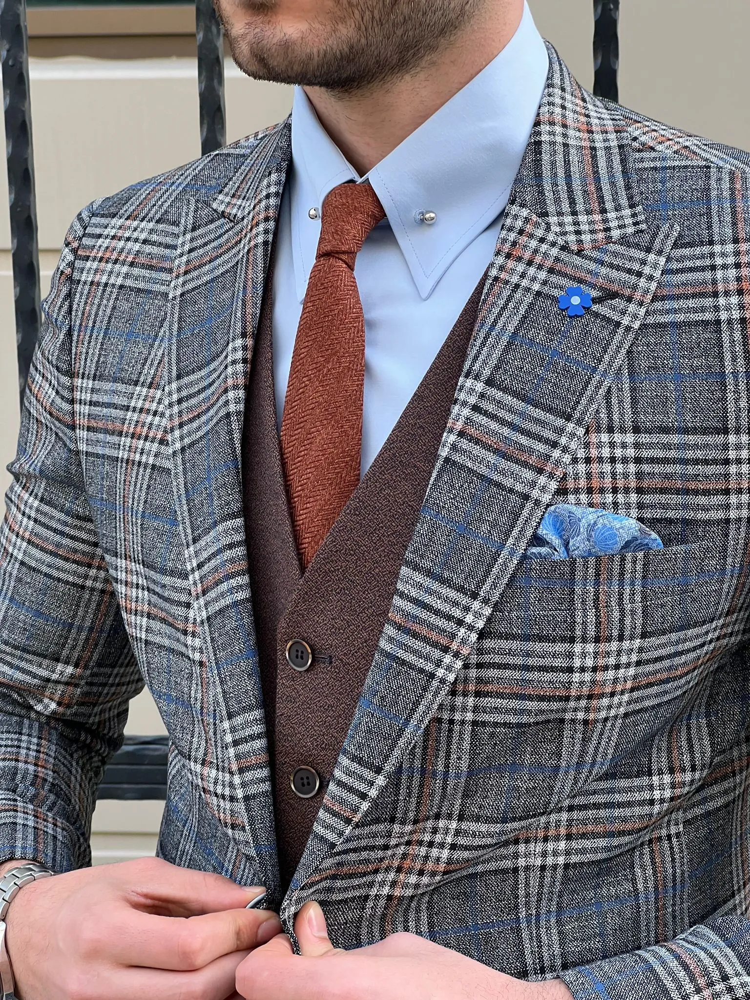 Edmond Gray Slim Fit Peak Lapel Plaid Check Wool Suit