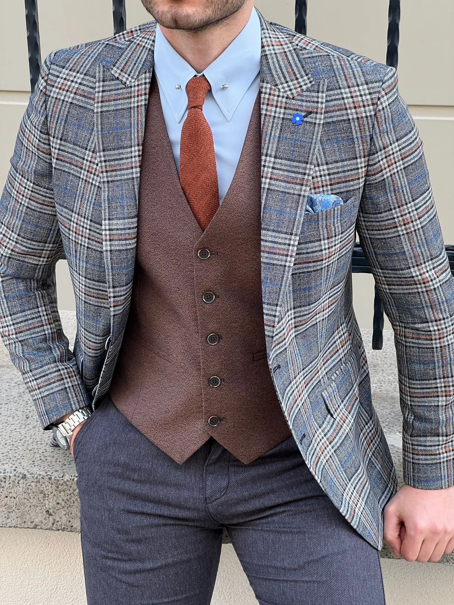 Edmond Gray Slim Fit Peak Lapel Plaid Check Wool Suit