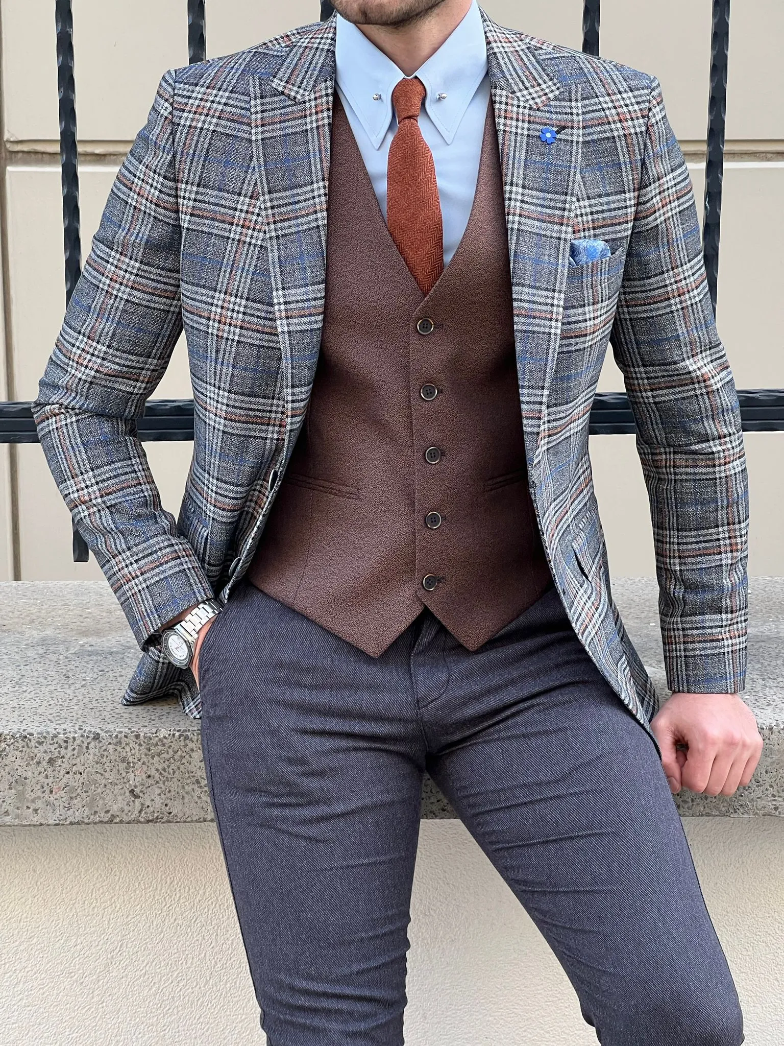 Edmond Gray Slim Fit Peak Lapel Plaid Check Wool Suit