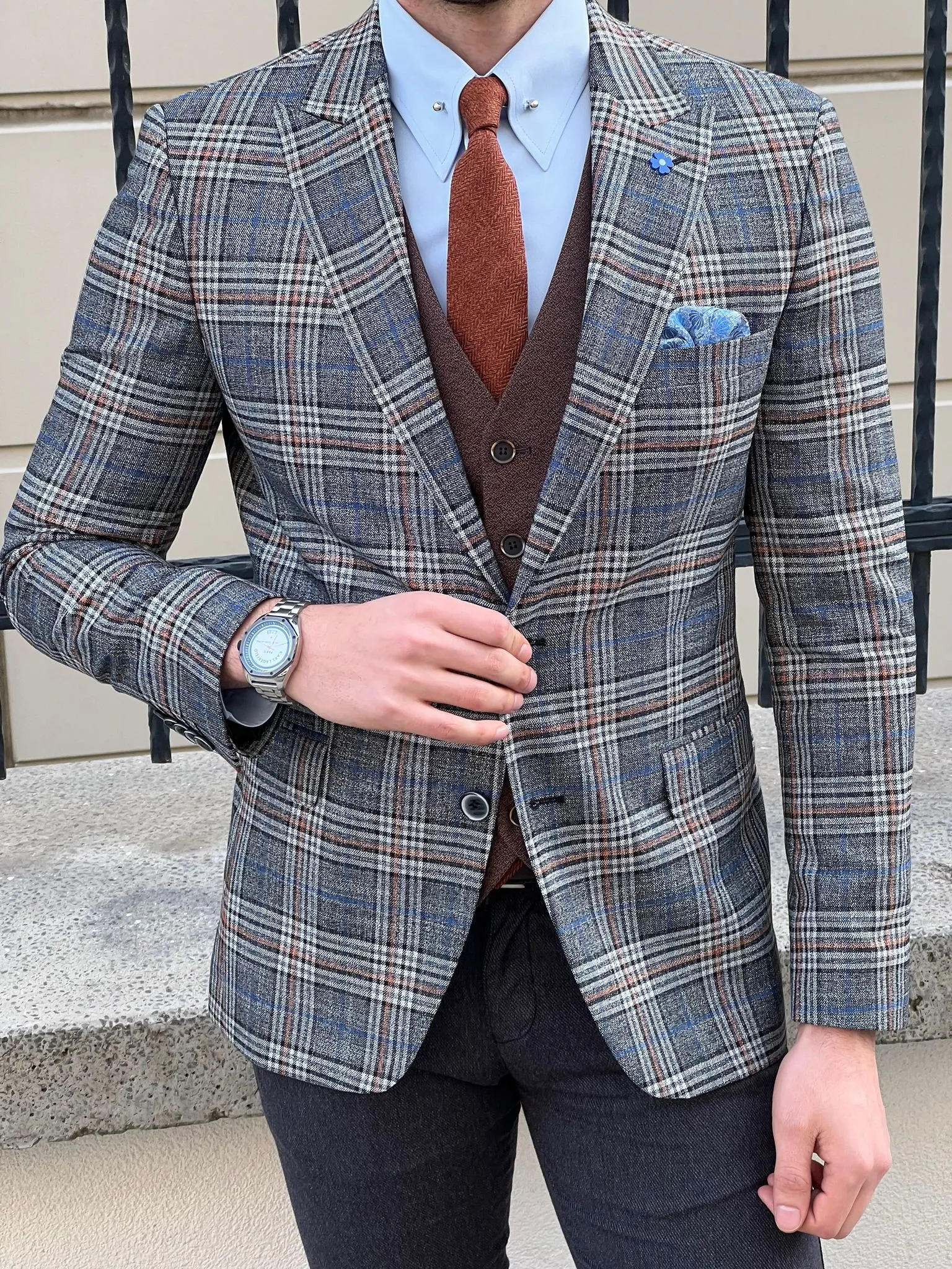 Edmond Gray Slim Fit Peak Lapel Plaid Check Wool Suit