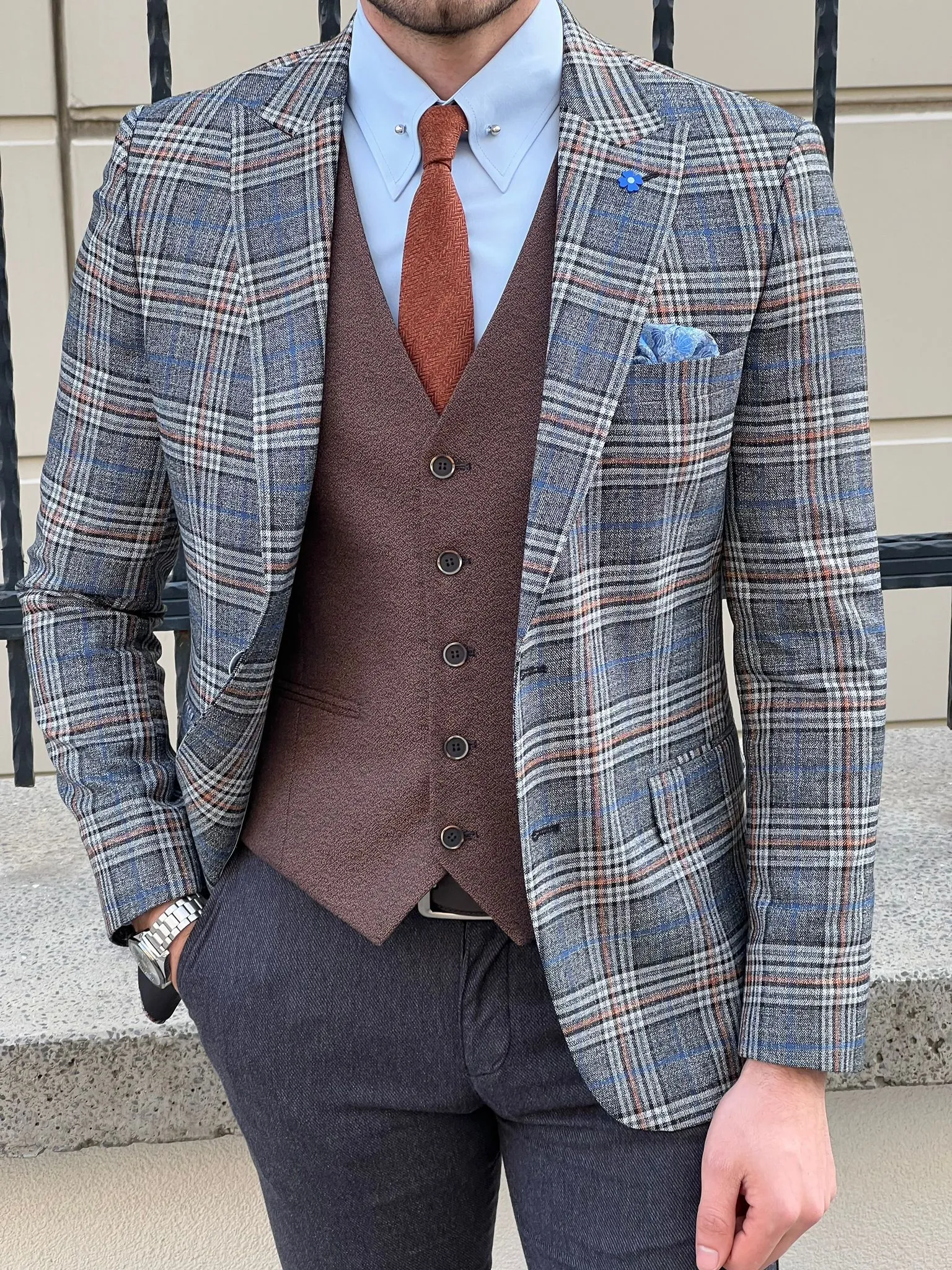 Edmond Gray Slim Fit Peak Lapel Plaid Check Wool Suit