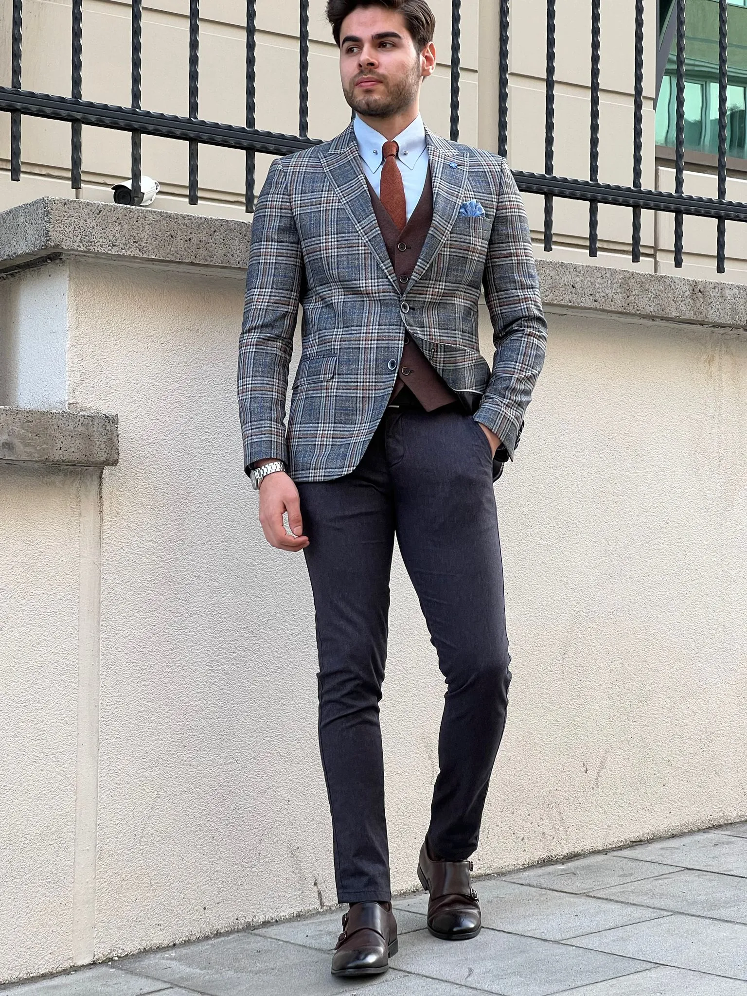 Edmond Gray Slim Fit Peak Lapel Plaid Check Wool Suit