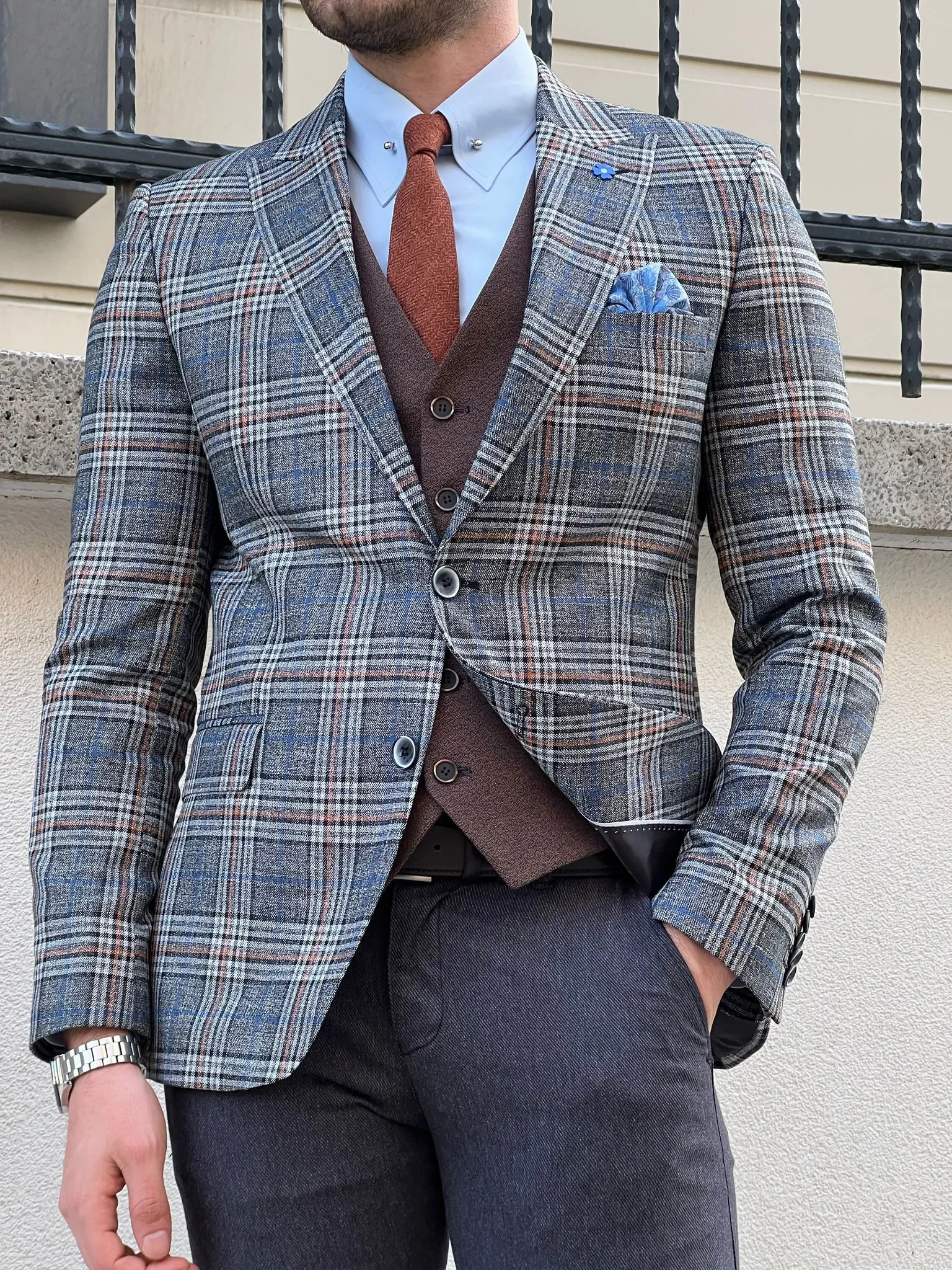 Edmond Gray Slim Fit Peak Lapel Plaid Check Wool Suit