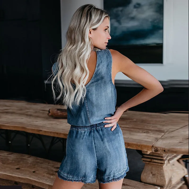 Elastic Belt Denim Vest And One-piece Shorts