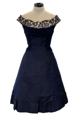 Elegant 1950s Jobere New York Deep Blue Silk & Silk Chiffon Dress w Lace Detailing