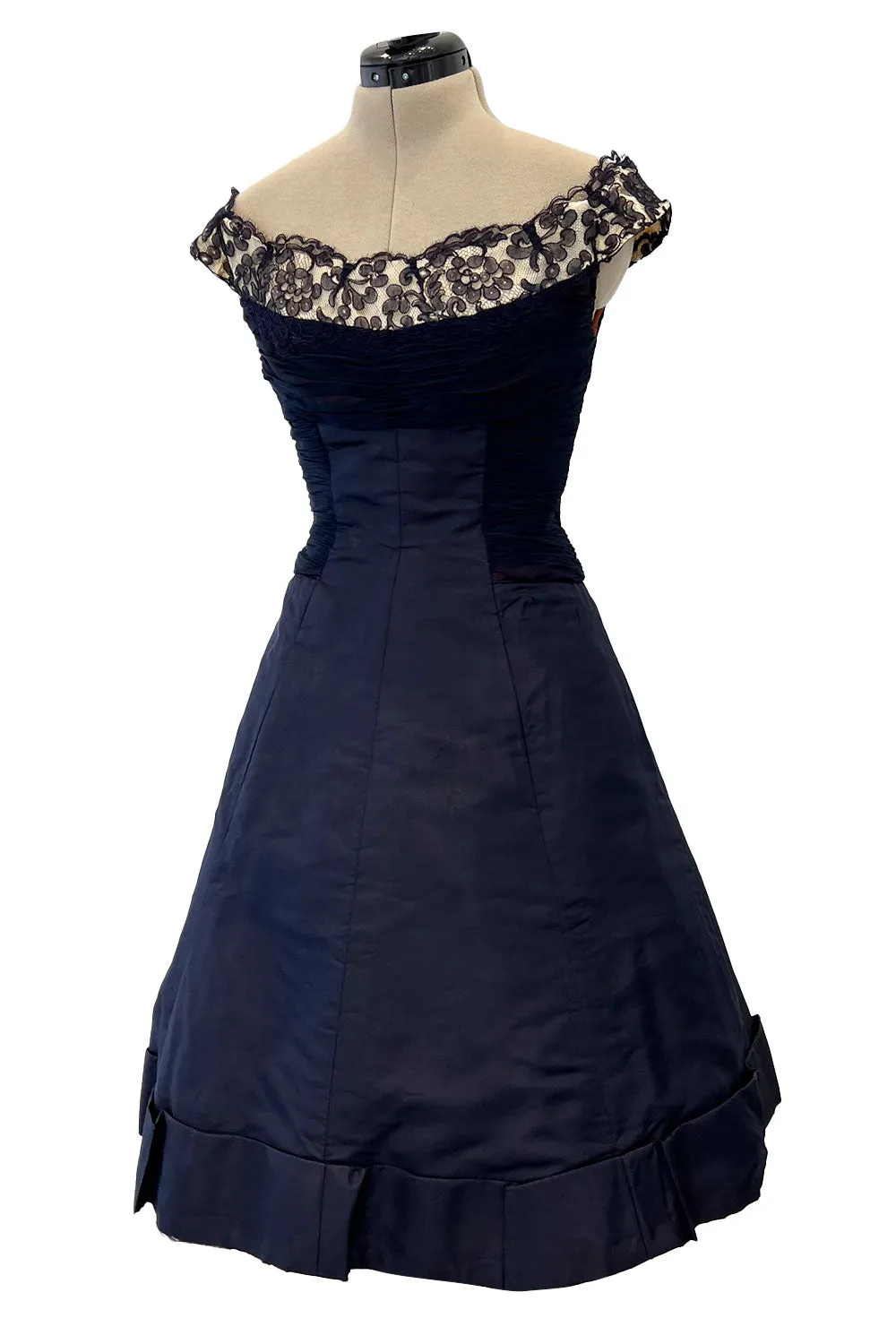 Elegant 1950s Jobere New York Deep Blue Silk & Silk Chiffon Dress w Lace Detailing